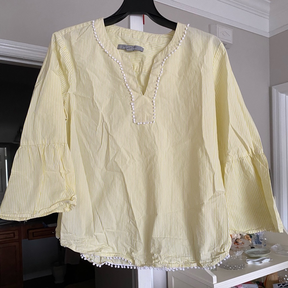Yellow & White Striped Pullover.  100% Cotton, V-Neck, 3/4 Bell Sleeves.  NWOT